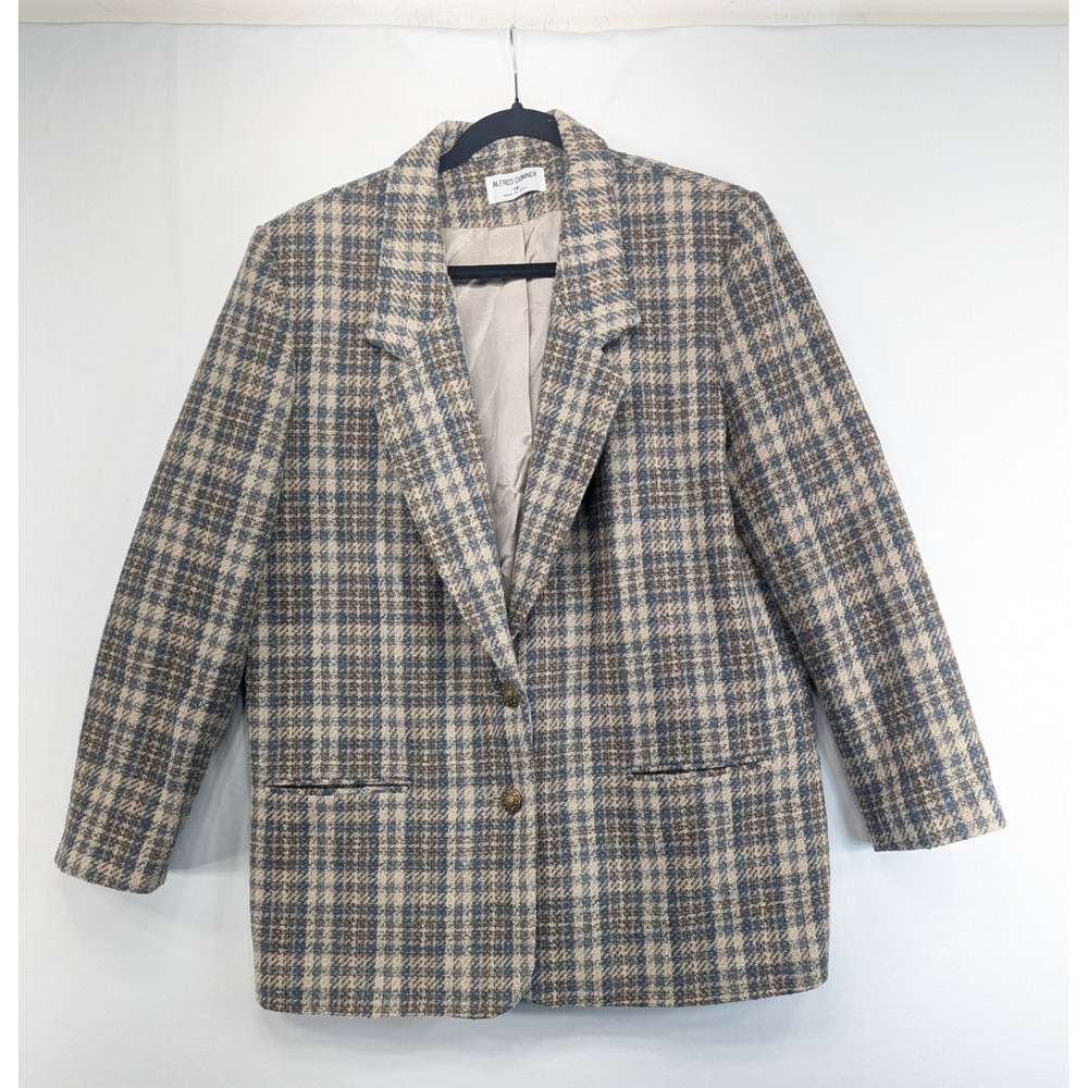 Alfred Dunner Vintage Plaid Blazer Blue Tan Check Made in USA Size 14 Jacket